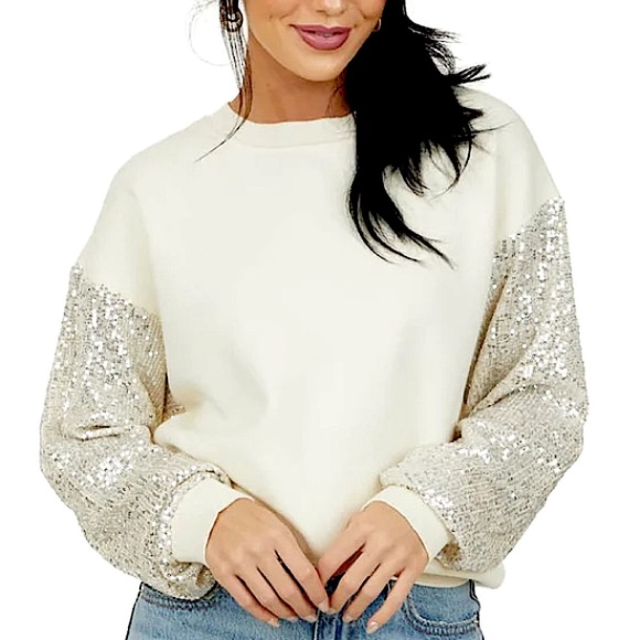 LUSH Sequin Sleeve Sweater Silver Cream Coquette Comfy Cozy Winter Sparkly Small - Picture 4 of 15
